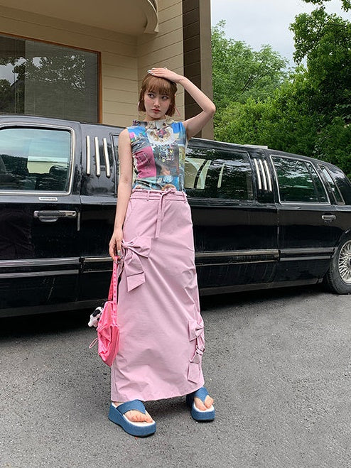 Ribbon Low-waist Tooling Long Skirt