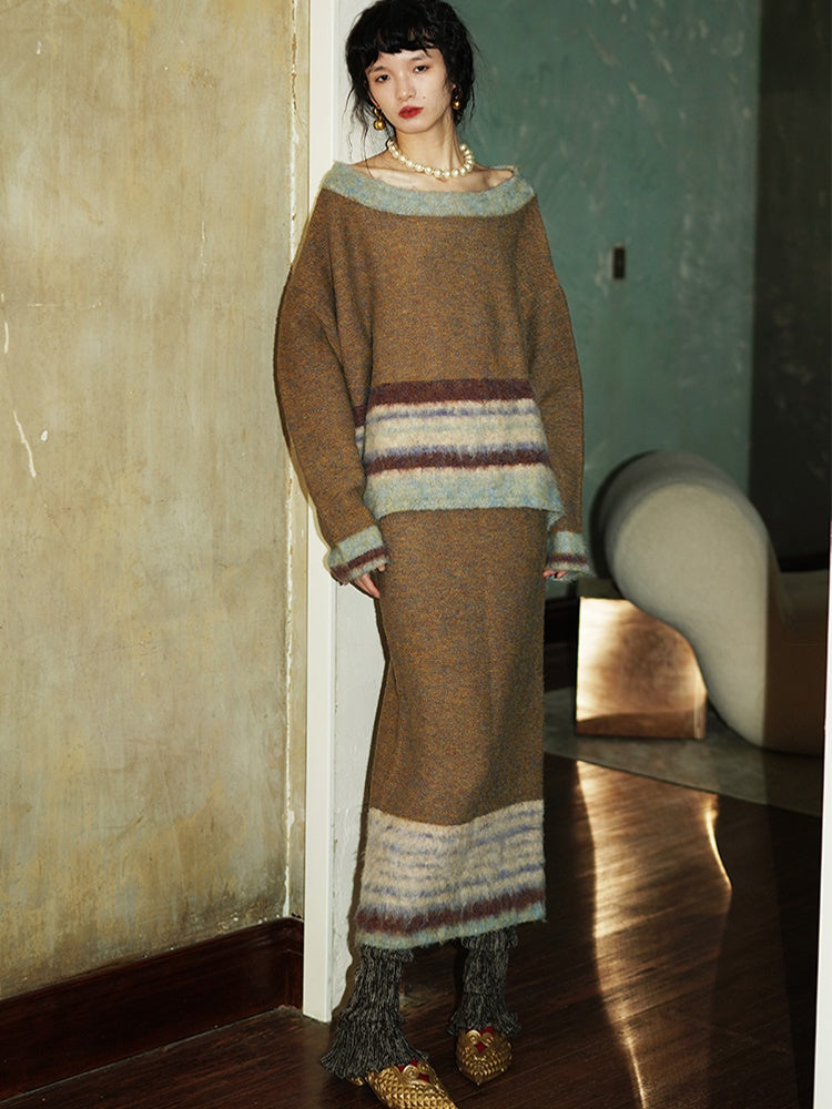 Contrast Color Border Design Loose Sweater & Knitted Skirt