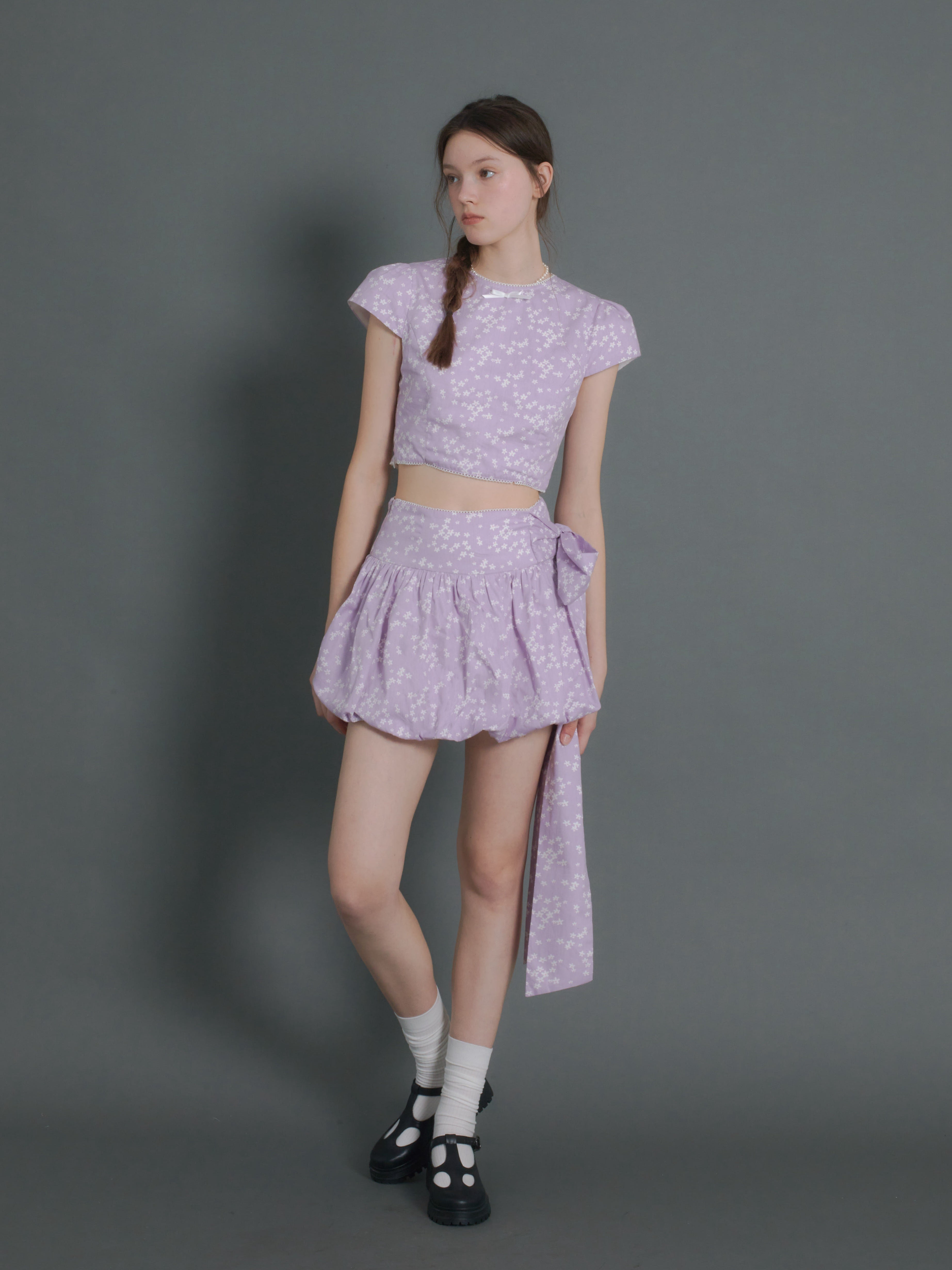 Floral Short Sleeve Cropped Top & Ribbon Bud Skirt