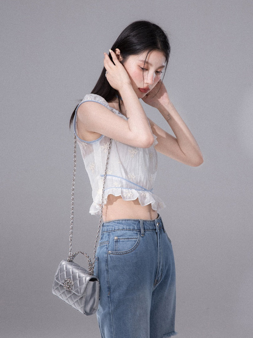 Embroidered Sleeveless Tulle Top & Tube Top