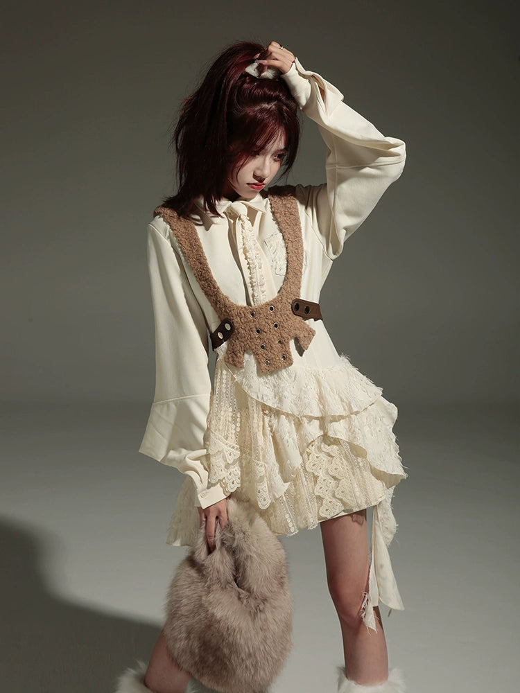 College Style Lace Stitch Shirt Dress & Vest ARCANA ARCHIVE