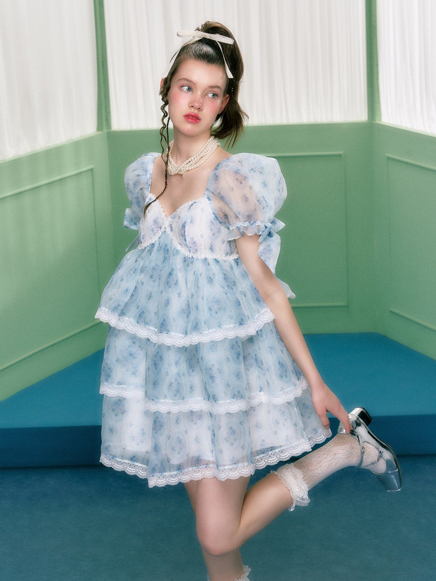 Organza Quadratkragen Puffhülsenkleid Kleid