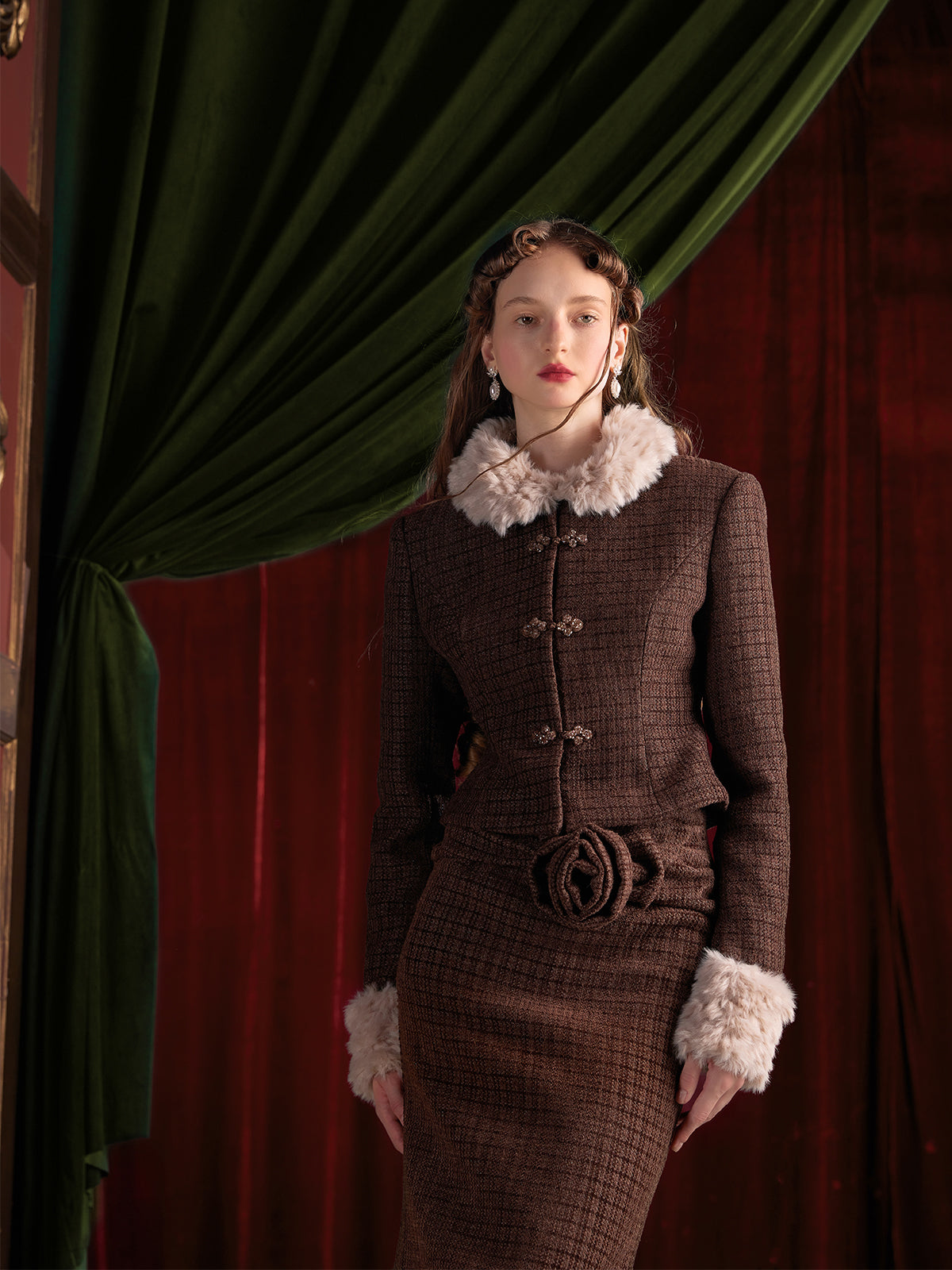 Tweed Style Fur Collar Jacket & Mermaid Skirt