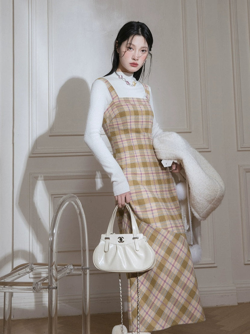 격자 무늬 서스펜더 긴 치마 & V 넥 스웨터