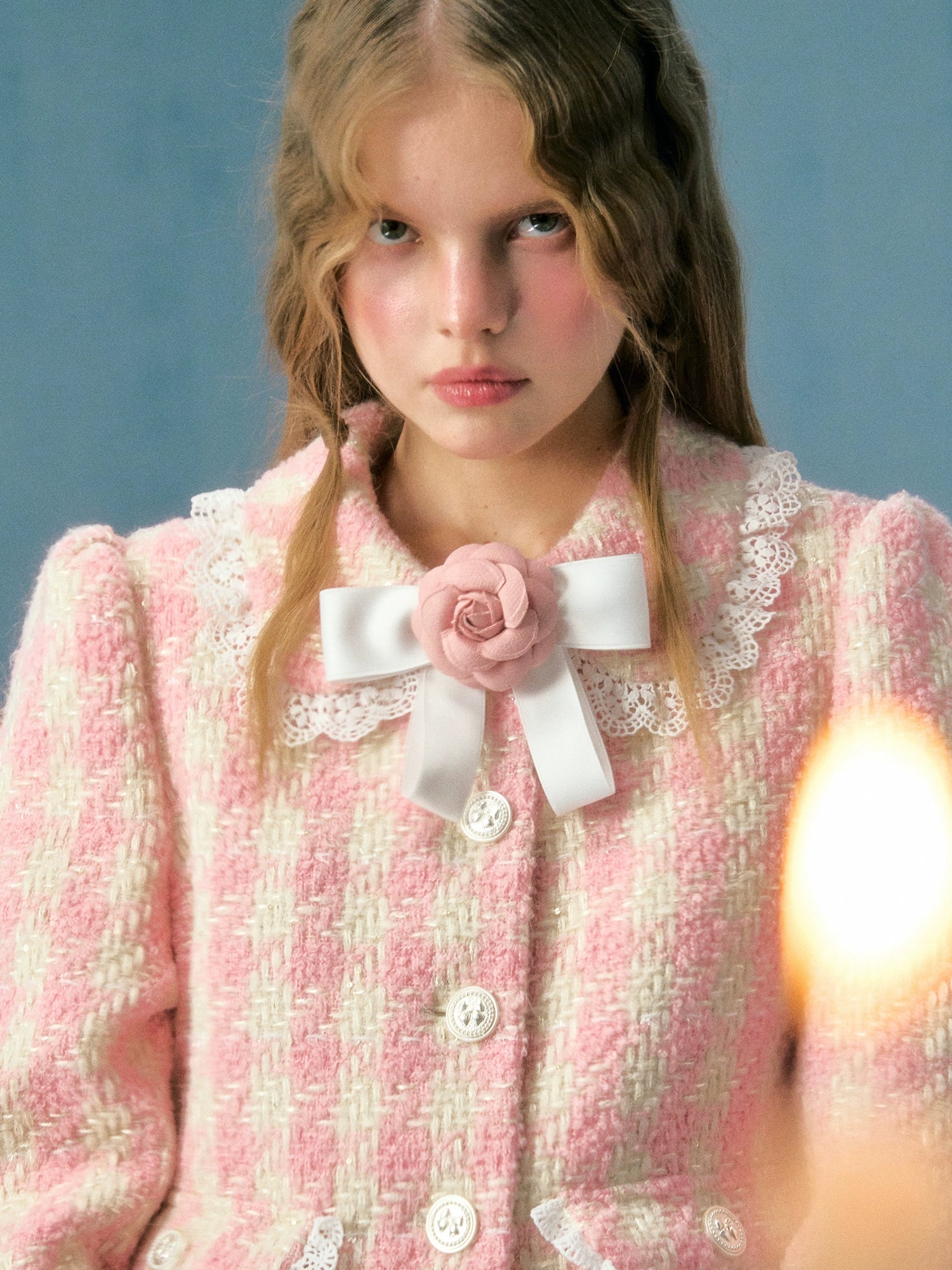 Plaid Bow Flower Brosche Spee Paded Short Jacket & Rock