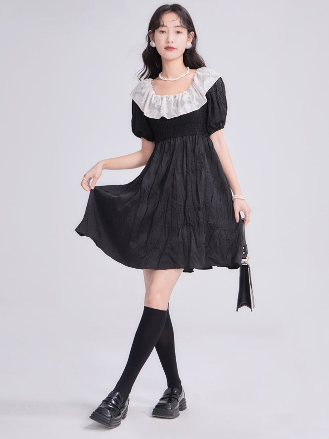 꽃 옷깃 하이 허리 작은 검은 드레스