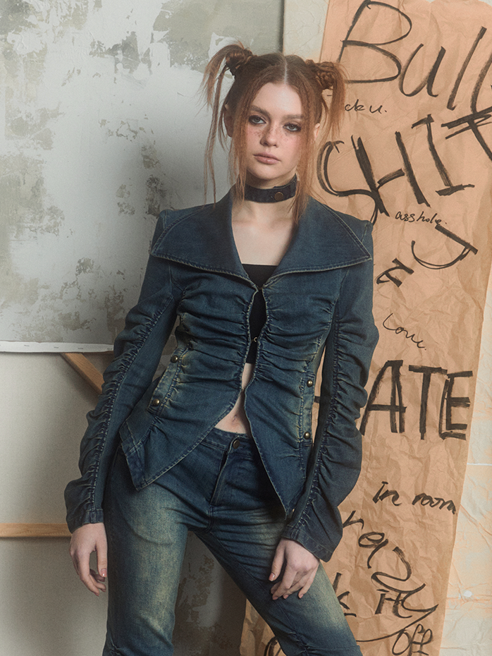 Street Pleated Stacked Denim Jacket