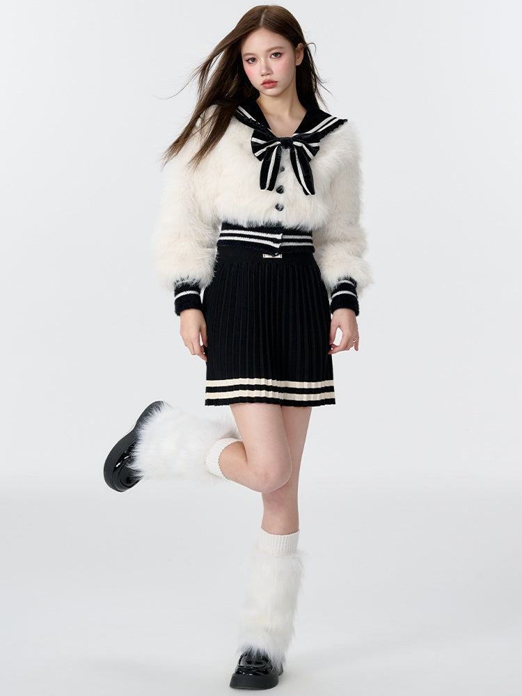 Navy Collar Imitation Fur Short Jacket