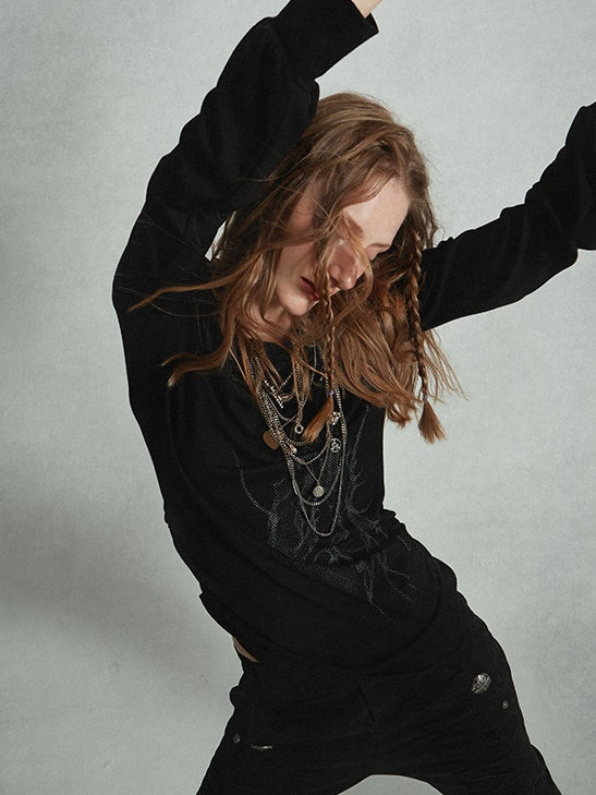 스윙 칼라 프린트 개더 티셔츠