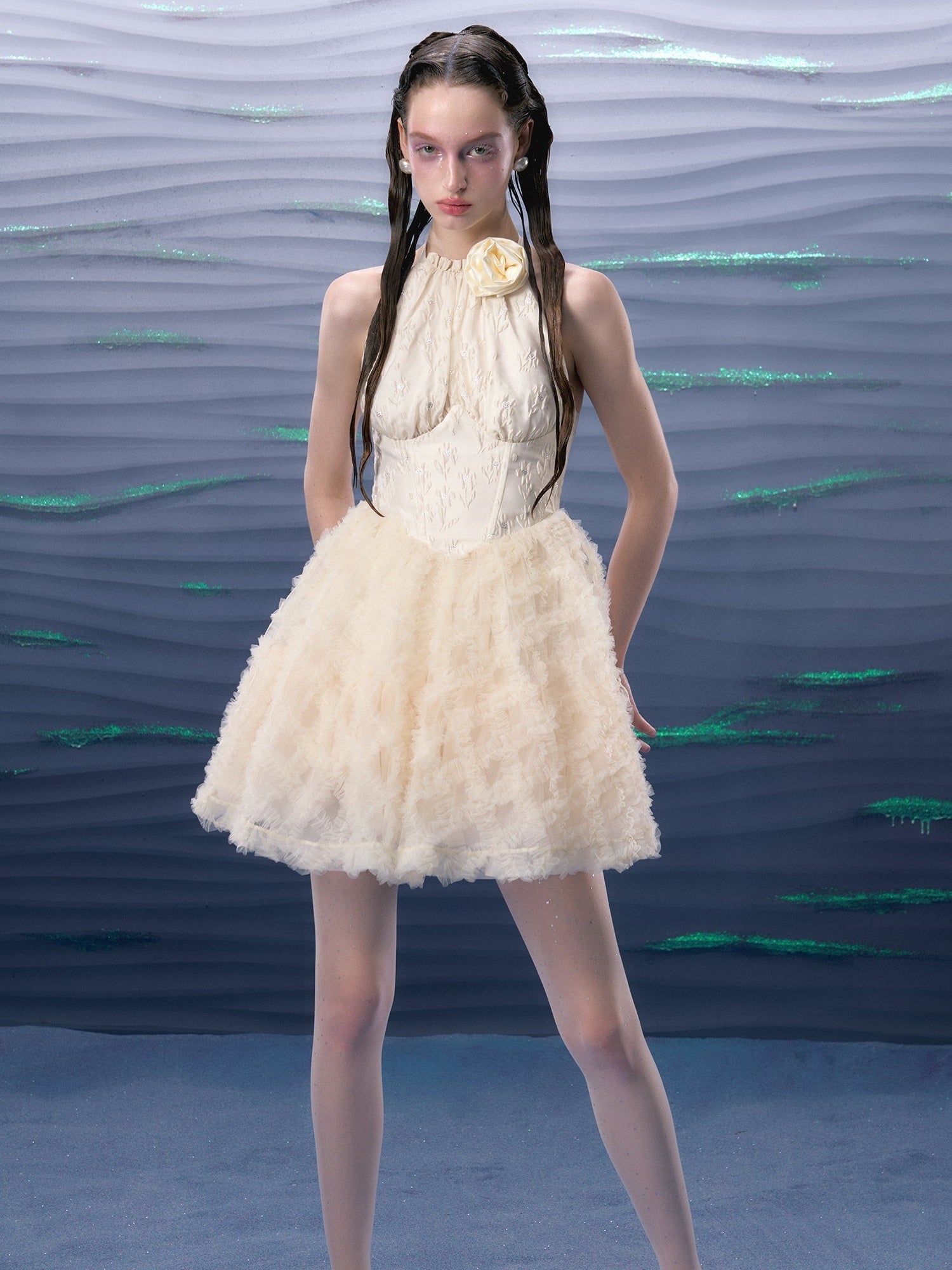 Jacquard Mesh Hem Flower Brooch Halter Neck Dress