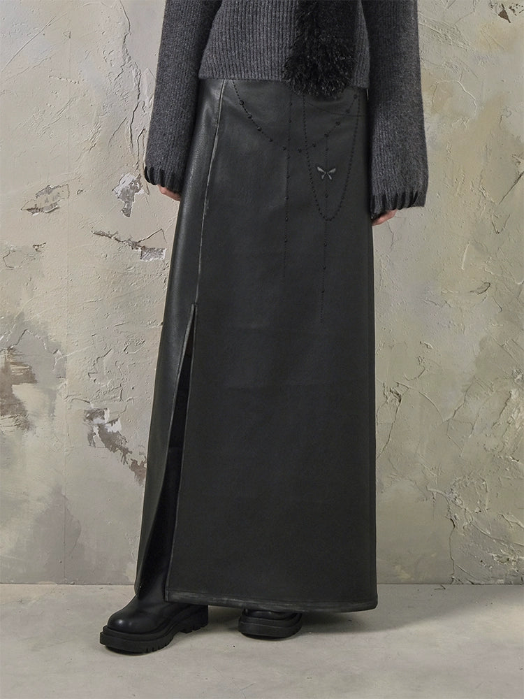 체인 나비 생 에지 PU 가죽 스커트