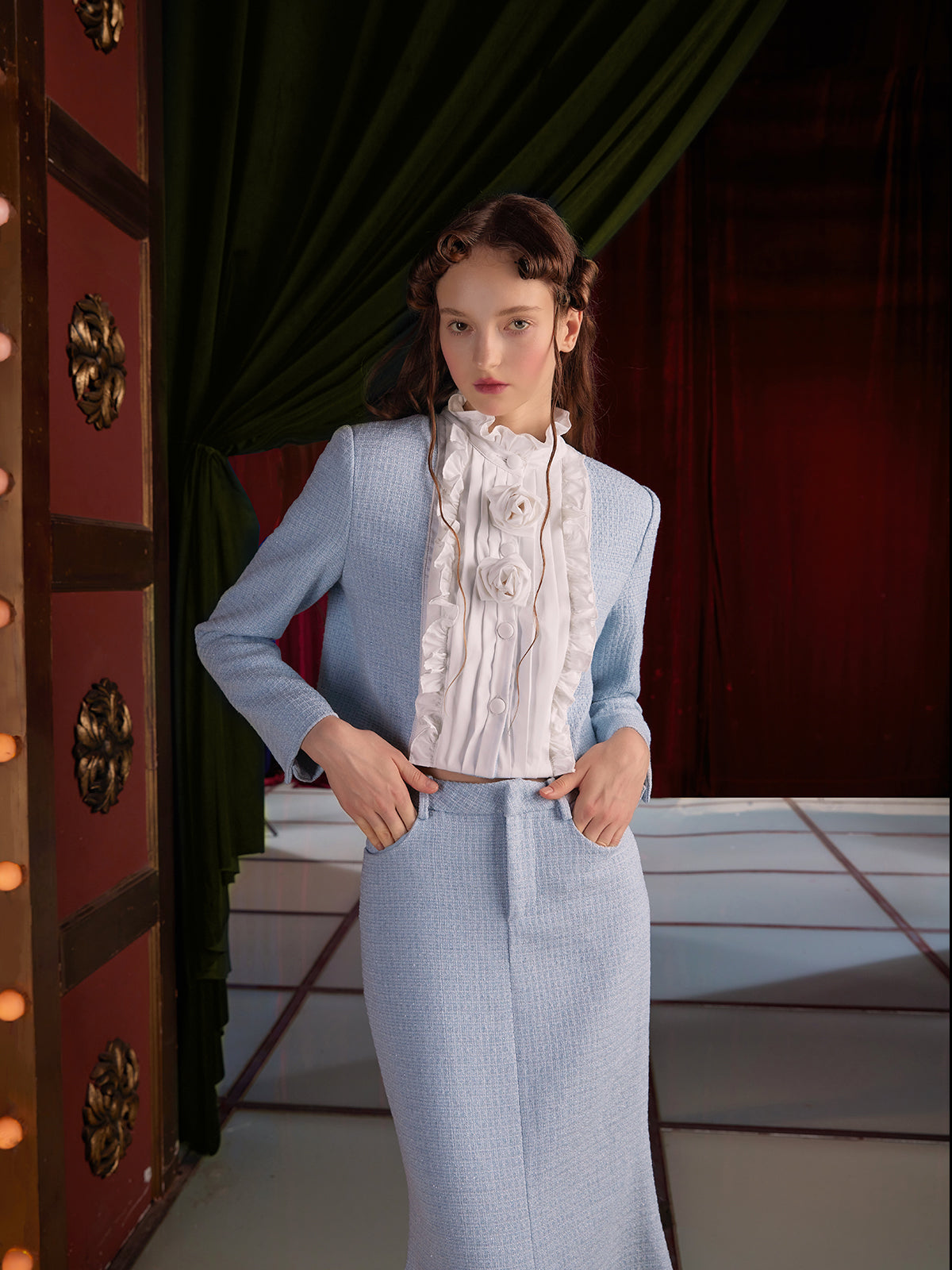 Pleated Ruffled Switching Tweed Touch Jacket & Mermaid Skirt