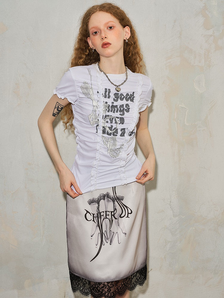 Lace Print Fungus Wrinkled Slim Short-sleeved T-shirt