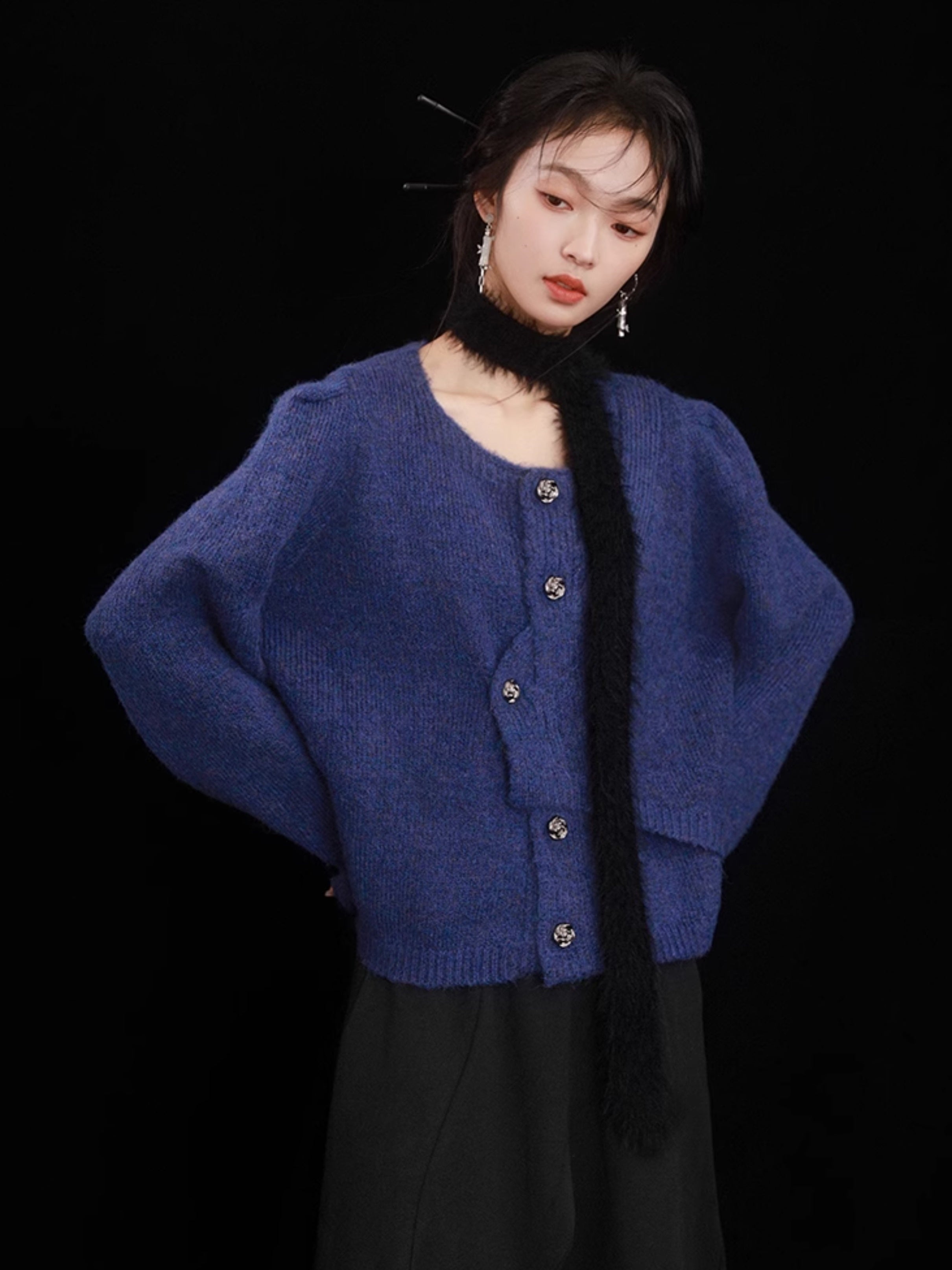 Irregular Button Round Neck Knitted Cardigan