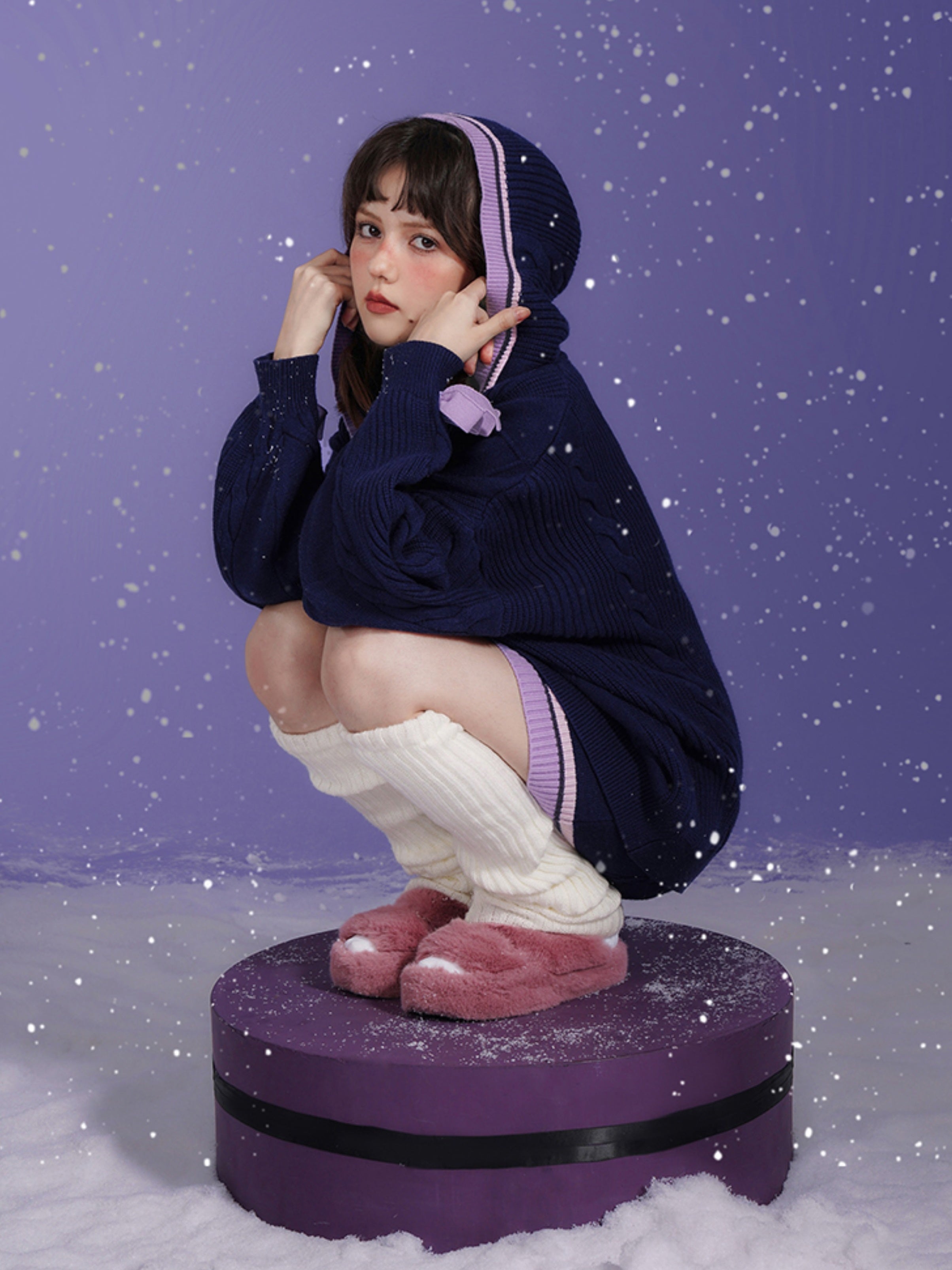 Line Design Hooded Knitted Cardigan & Cable Knitted Slip Dress
