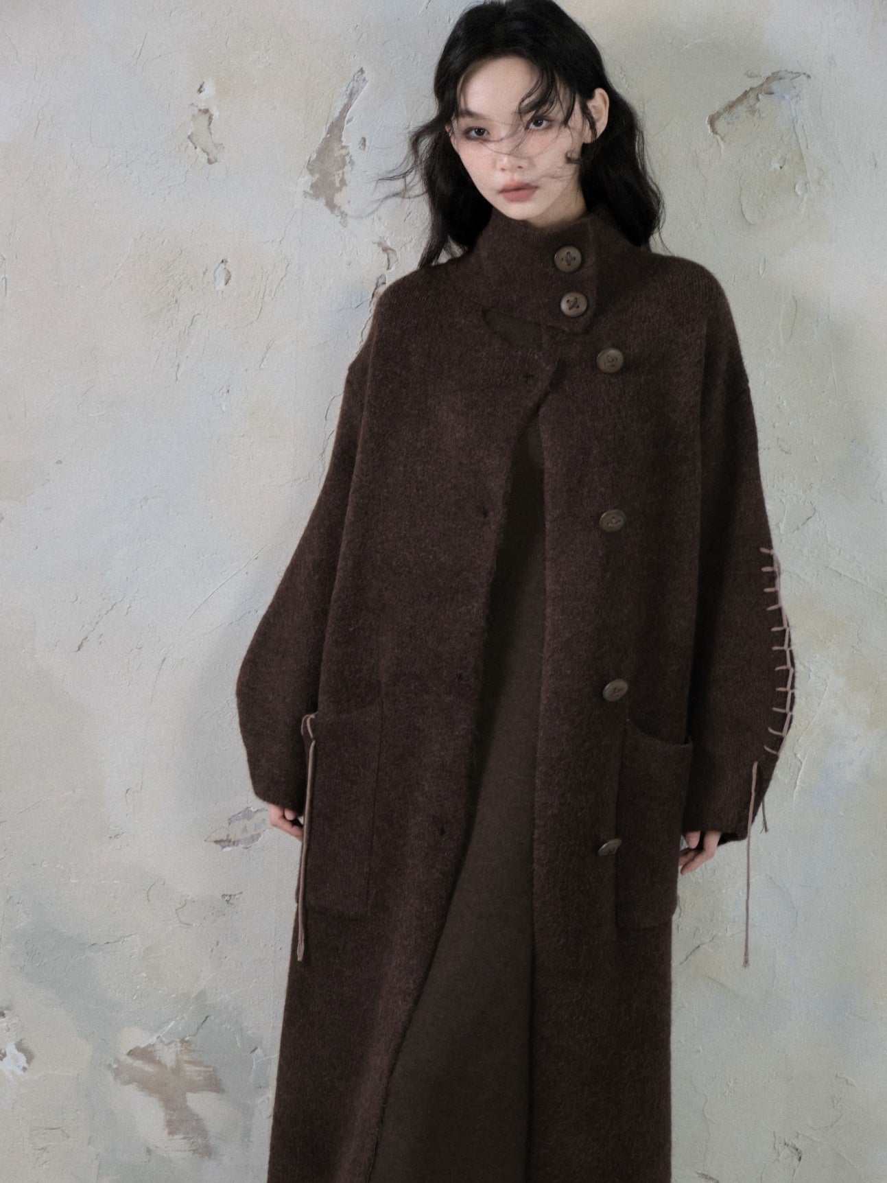 High-Neck Loose Long Soft Waxy Coat