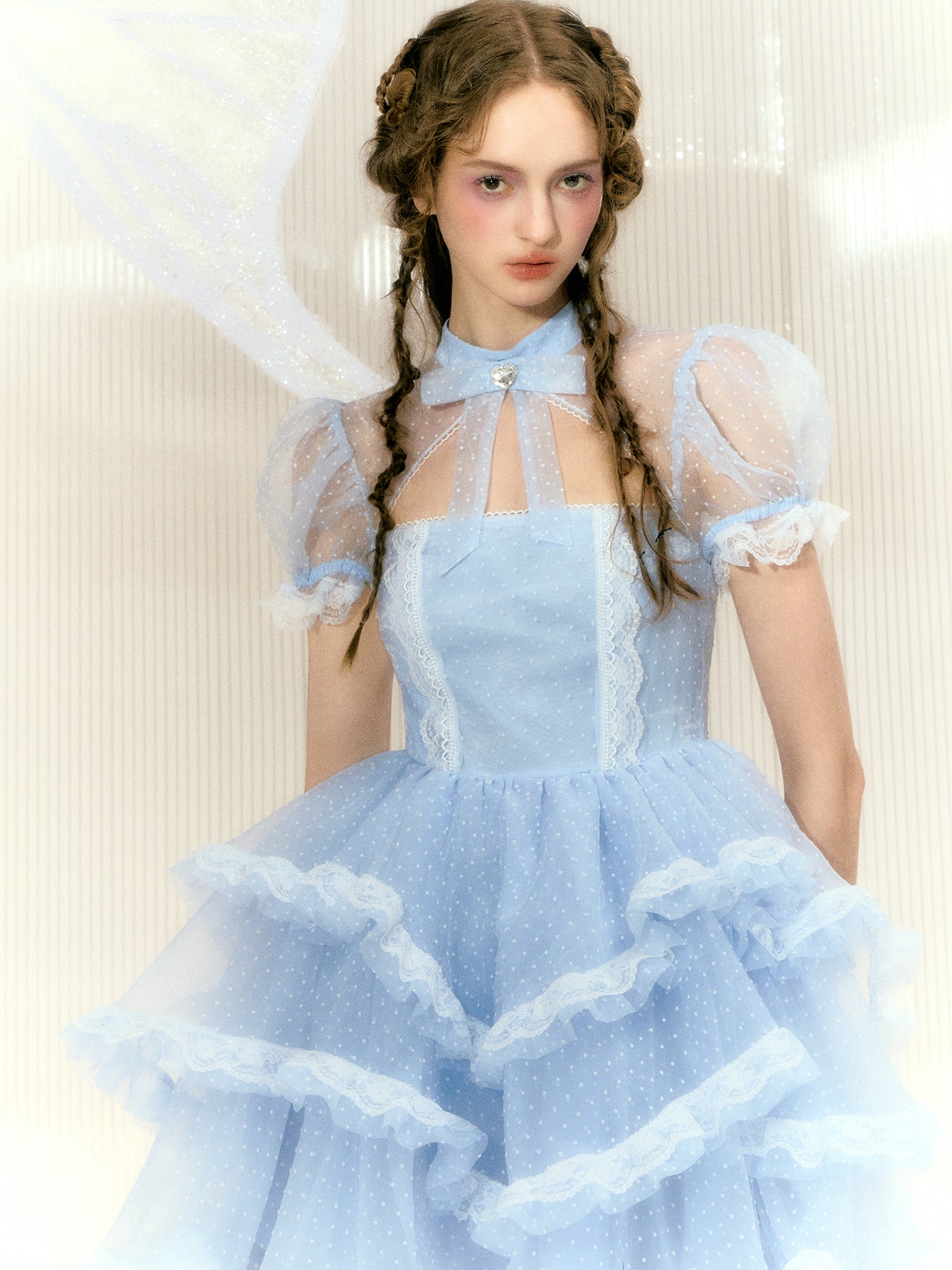 Polka Dot Rhinestone Bow Short-sleeved Lace Princess Dress