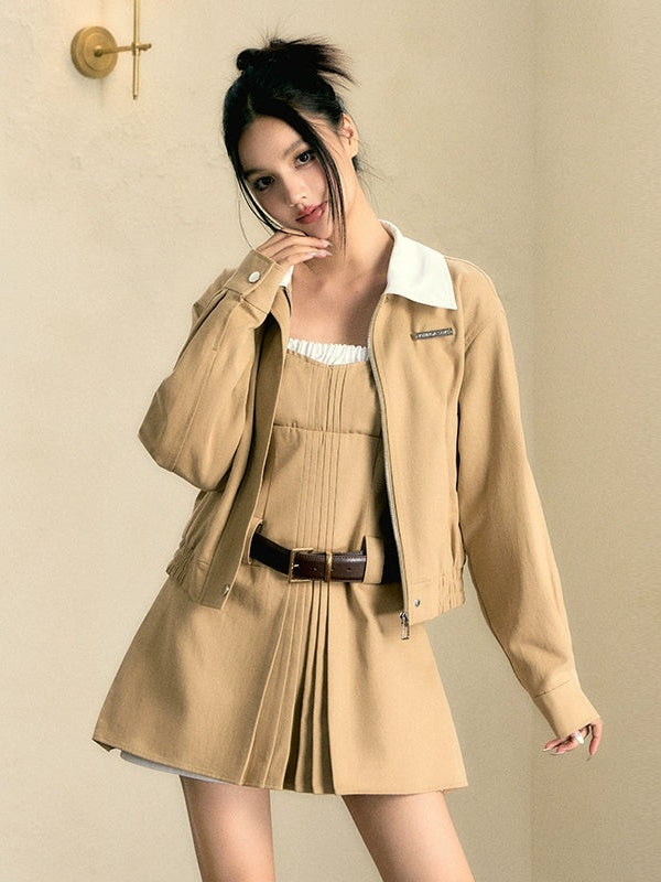 ZIP-Up Casual Jacket & Fake Layered Strap One-piece