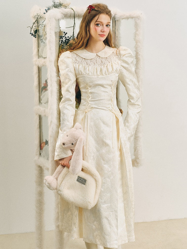 Jacquard Lace-Up Tuck Pleated Dress
