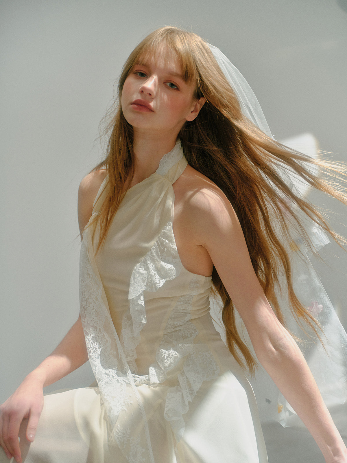 Ribbon Irregular Diagonal Lace Halterneck Chiffon Dress