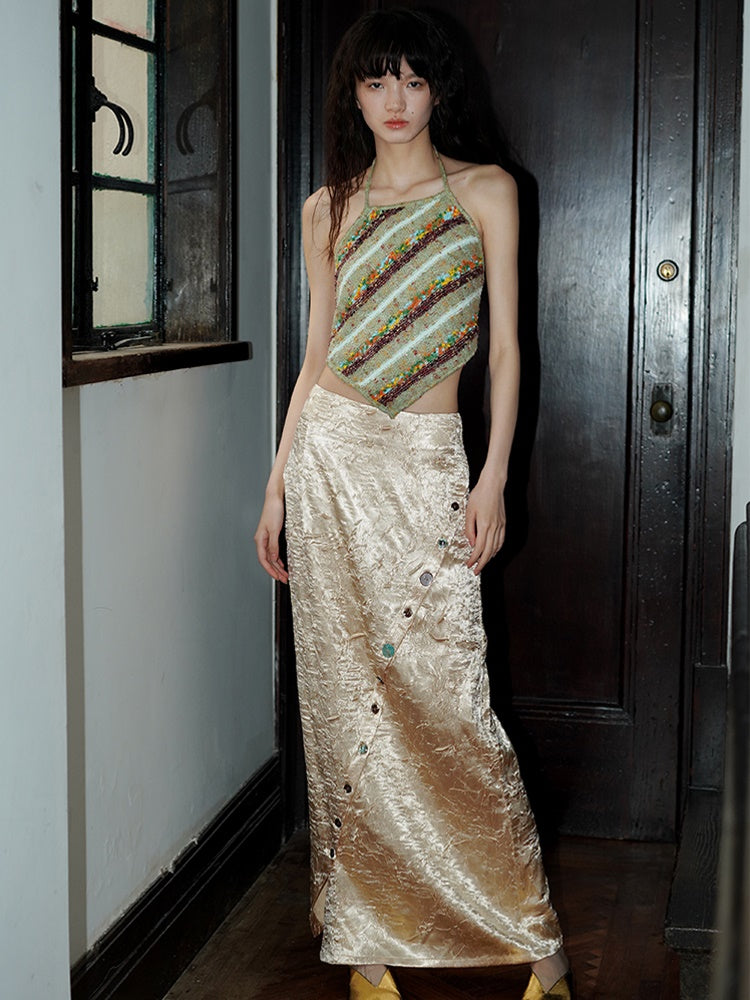 대조적 인 줄무늬 원사 니트 홀터 탱크 탑