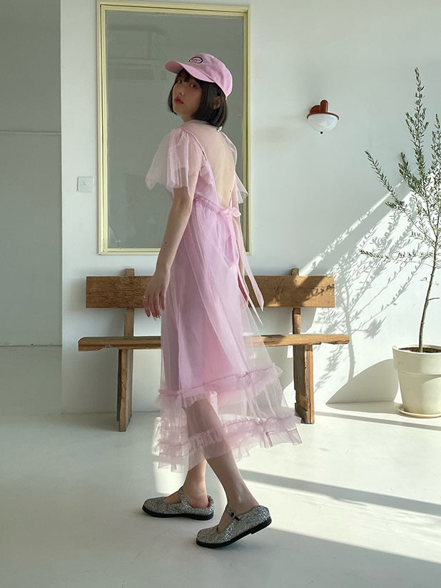 Mesh Backless Gurt Kleid & Hosenträger Einteiliger Setup