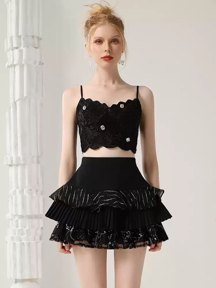 Set-Up 2Set Fur See-Through Elegant Lace Blouse&Mini-Skirt&Camisole