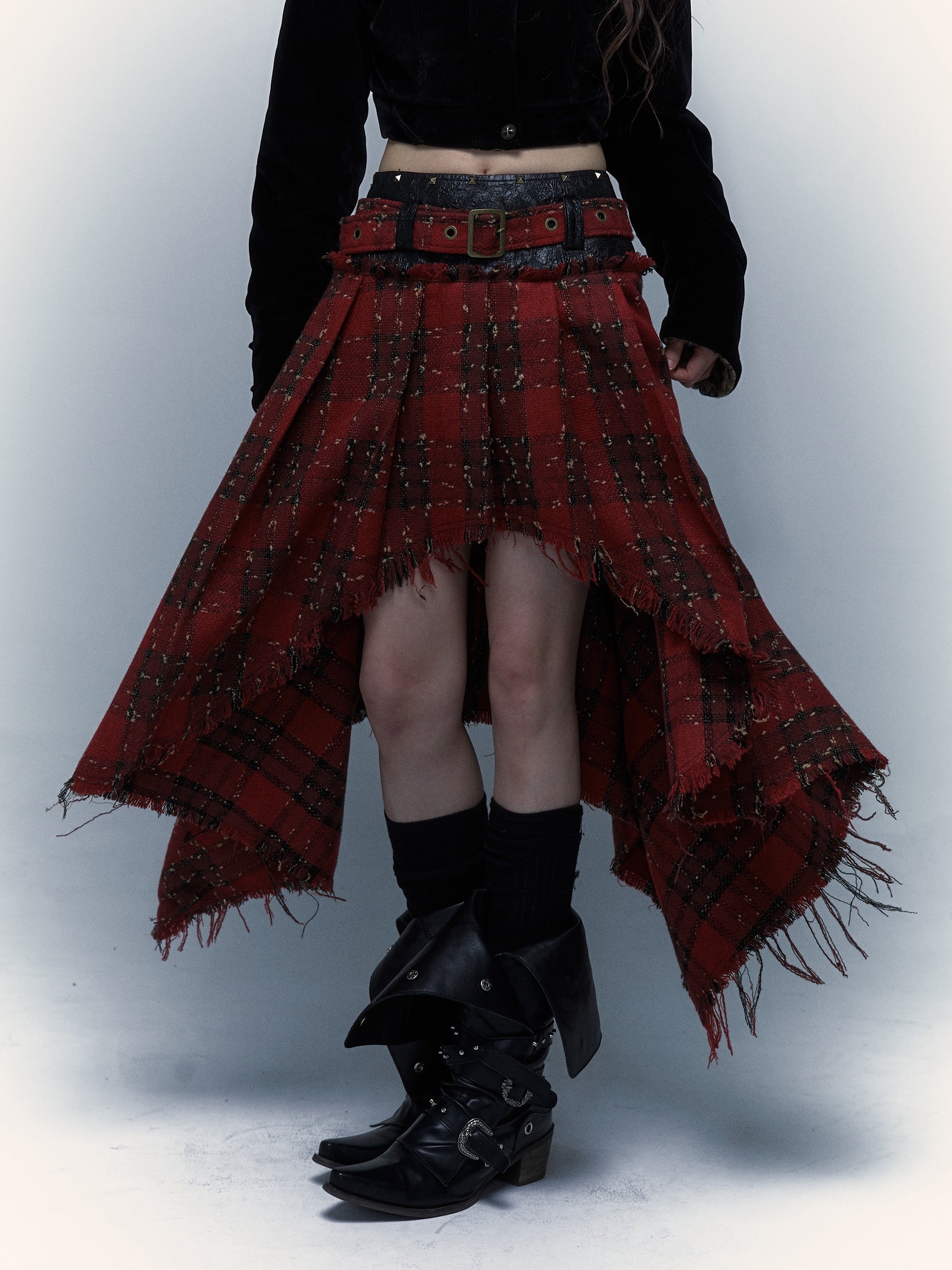 Punk Plaid Stitching Irregular Skirt