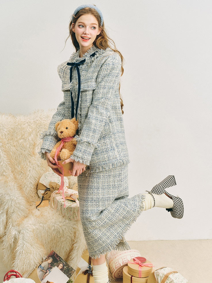 Loose Silhouette Tweed No-Collar Jacket & Mid-Length Skirt