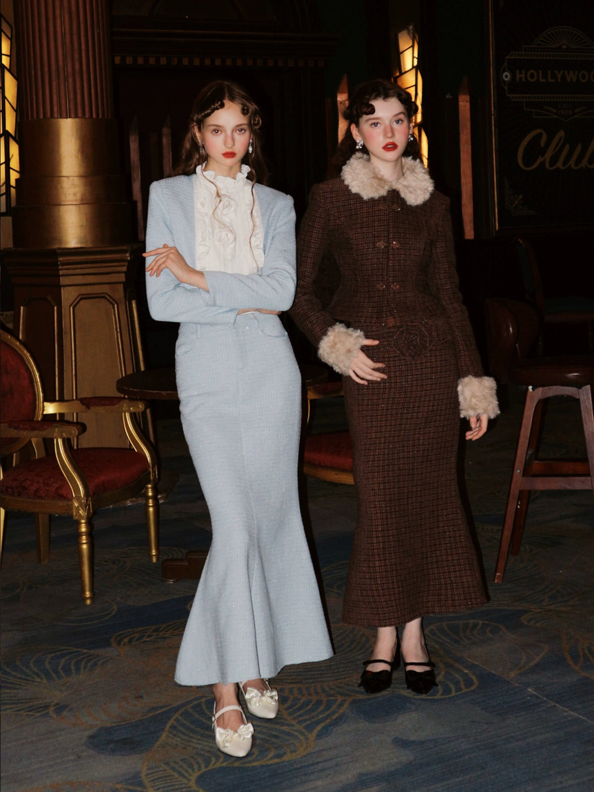 Pleated Ruffled Switching Tweed Touch Jacket & Mermaid Skirt