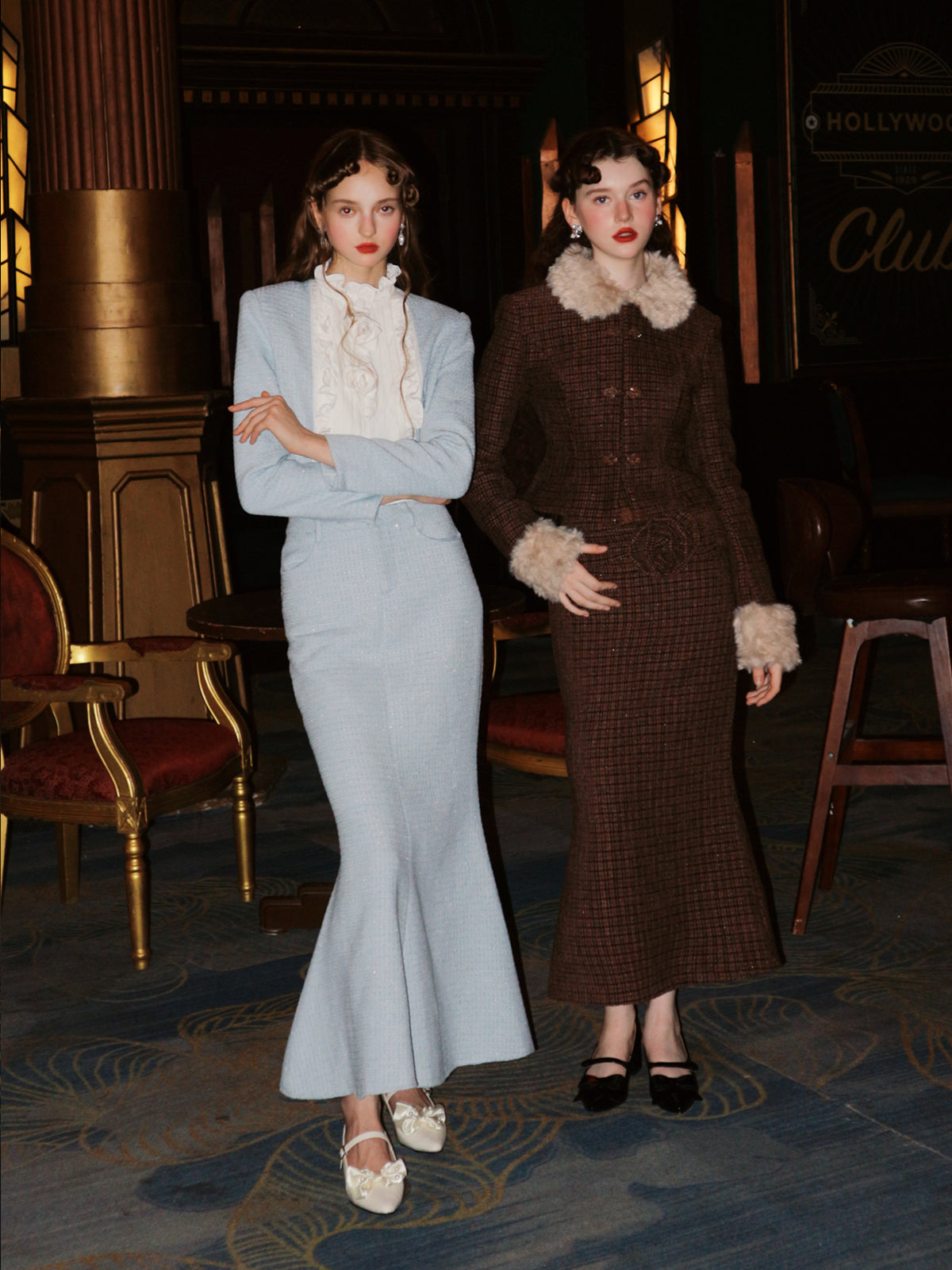 Tweed Style Fur Collar Jacket & Mermaid Skirt