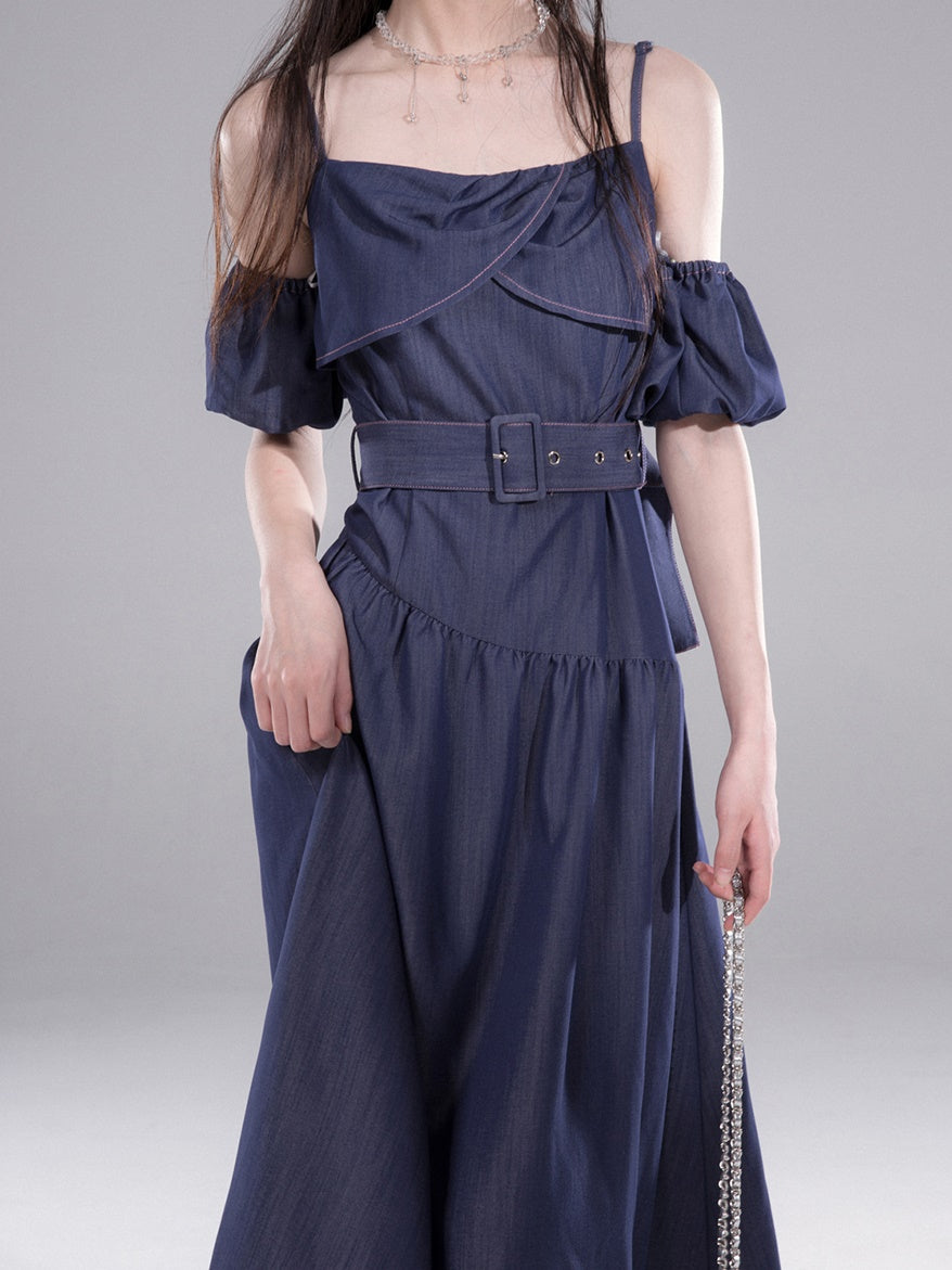 이동식 짧은 슬리브가있는 긴 슬립 라인 드레스