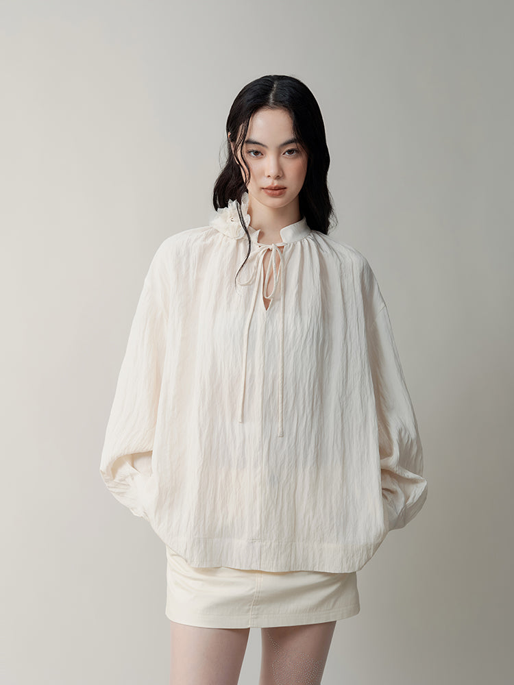 Mist Rose Stand Collar Tie Shirt