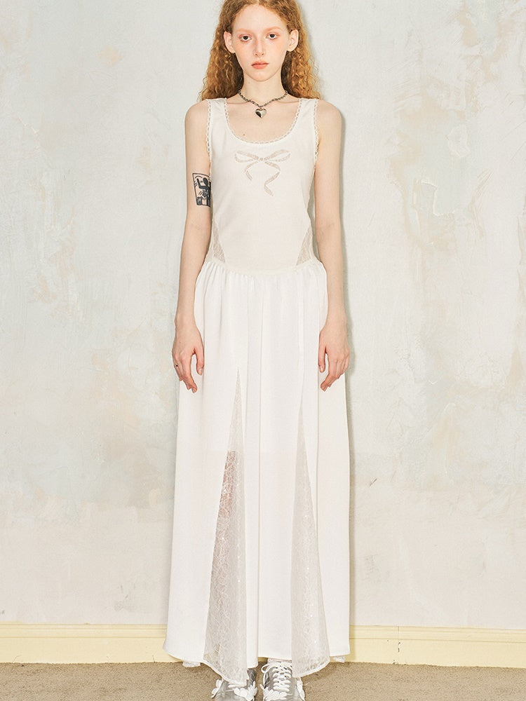 Lace Bow Embroidered Splicing Sleeveless One-piece