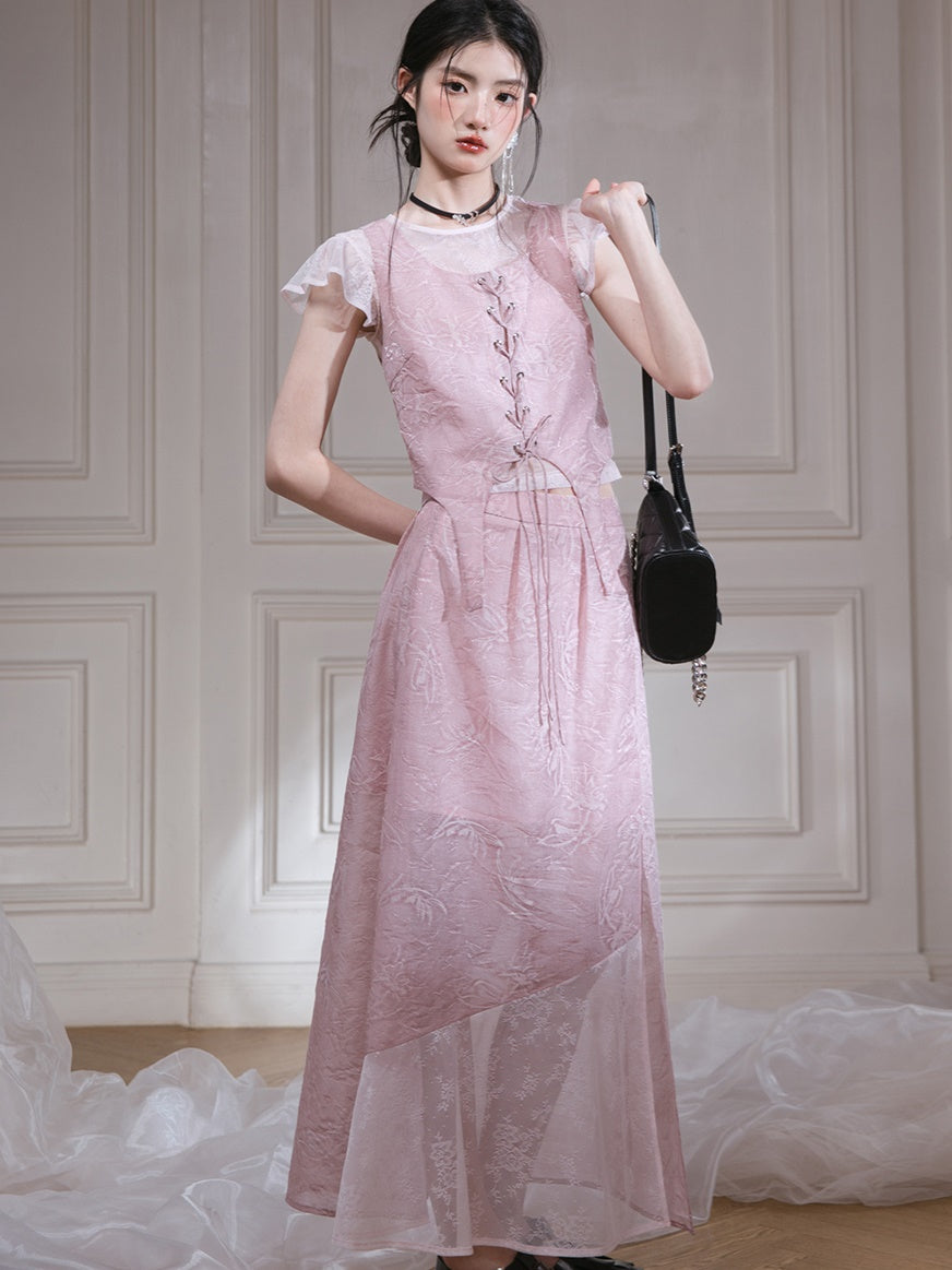 Small Flying Sleeve T-Shirt & Embossed Lace-Up Vest Setup & Long Skirt