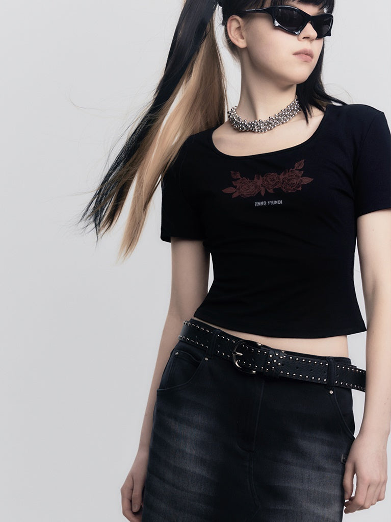 Spitzen-Rosenabdruck kurzarmiger T-Shirt