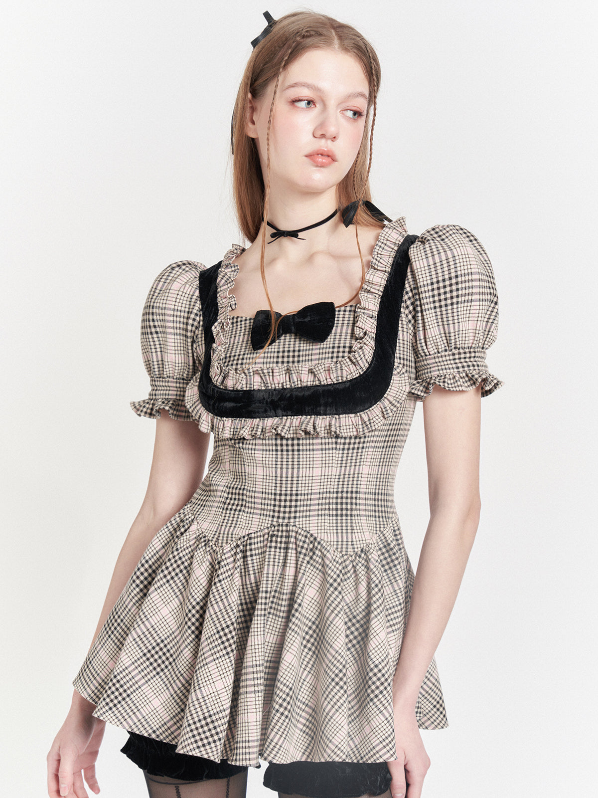PLAID COLLEGE STYLE LACE SQUARE COLLAR FAKE TWO-PIECE Dress
