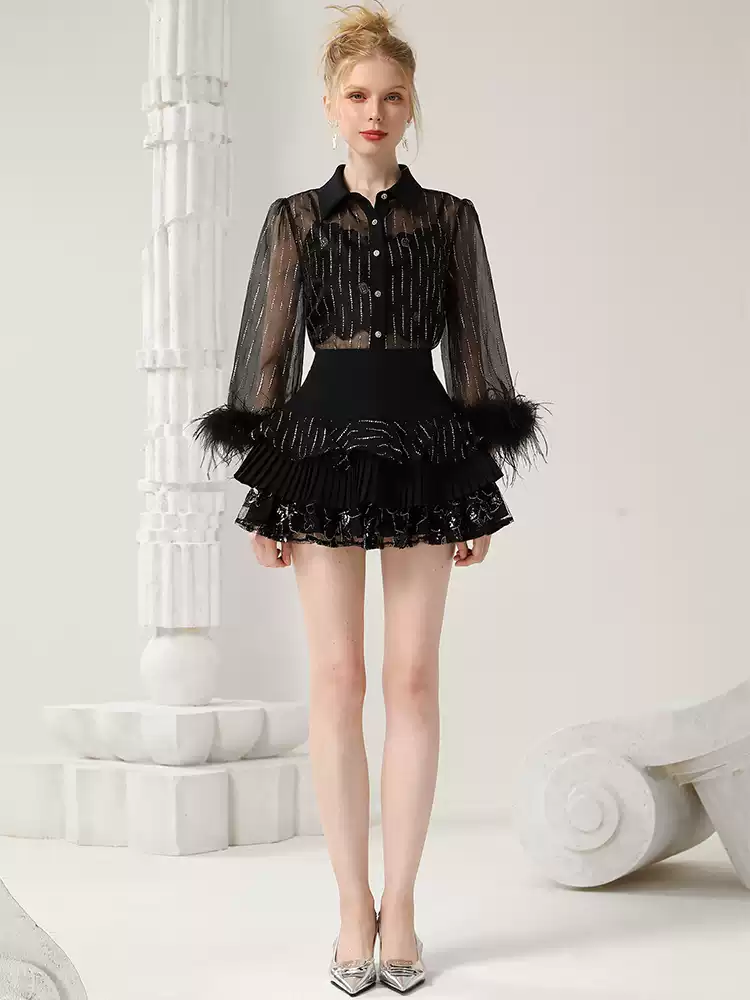 Set-Up 2Set Fur See-Through Elegant Lace Blouse&Mini-Skirt&Camisole
