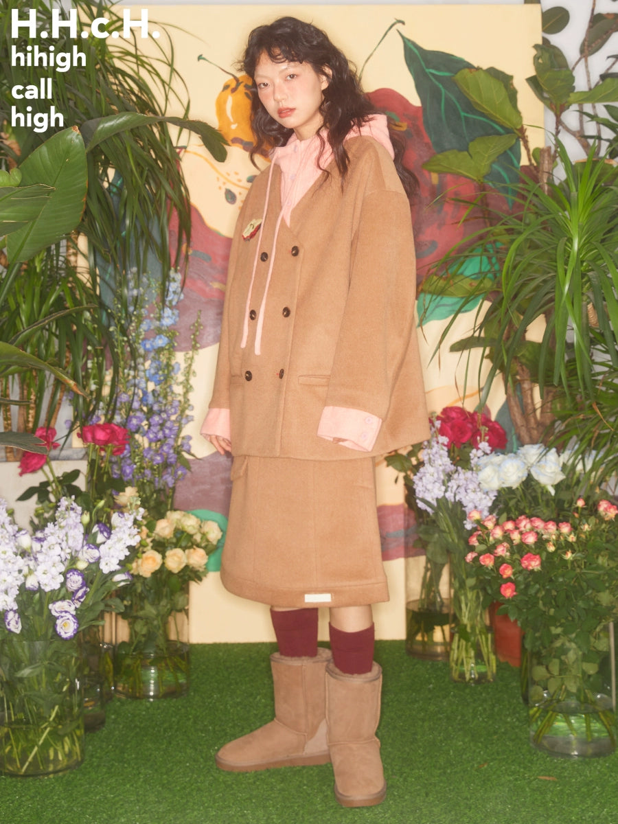 Apple Embroidered Fake Two-piece Patchwork Hooded & A-line Skirt