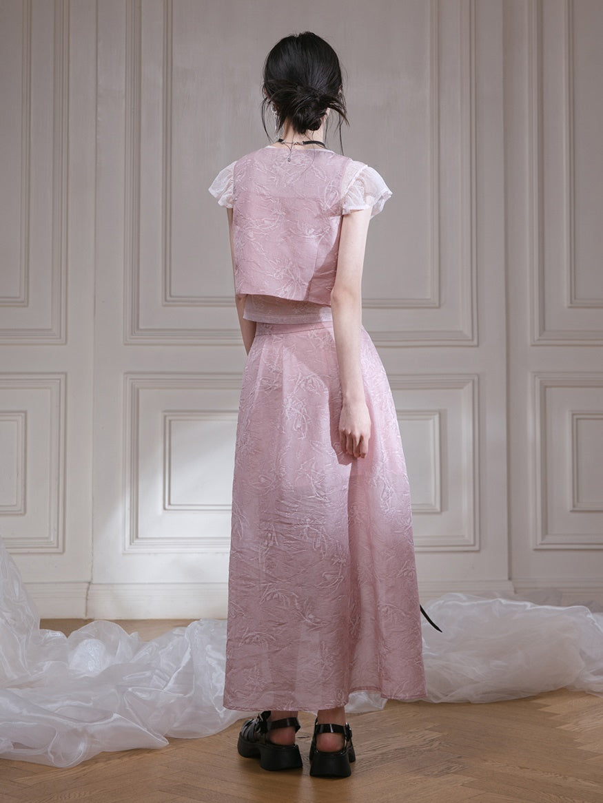 Small Flying Sleeve T-Shirt & Embossed Lace-Up Vest Setup & Long Skirt