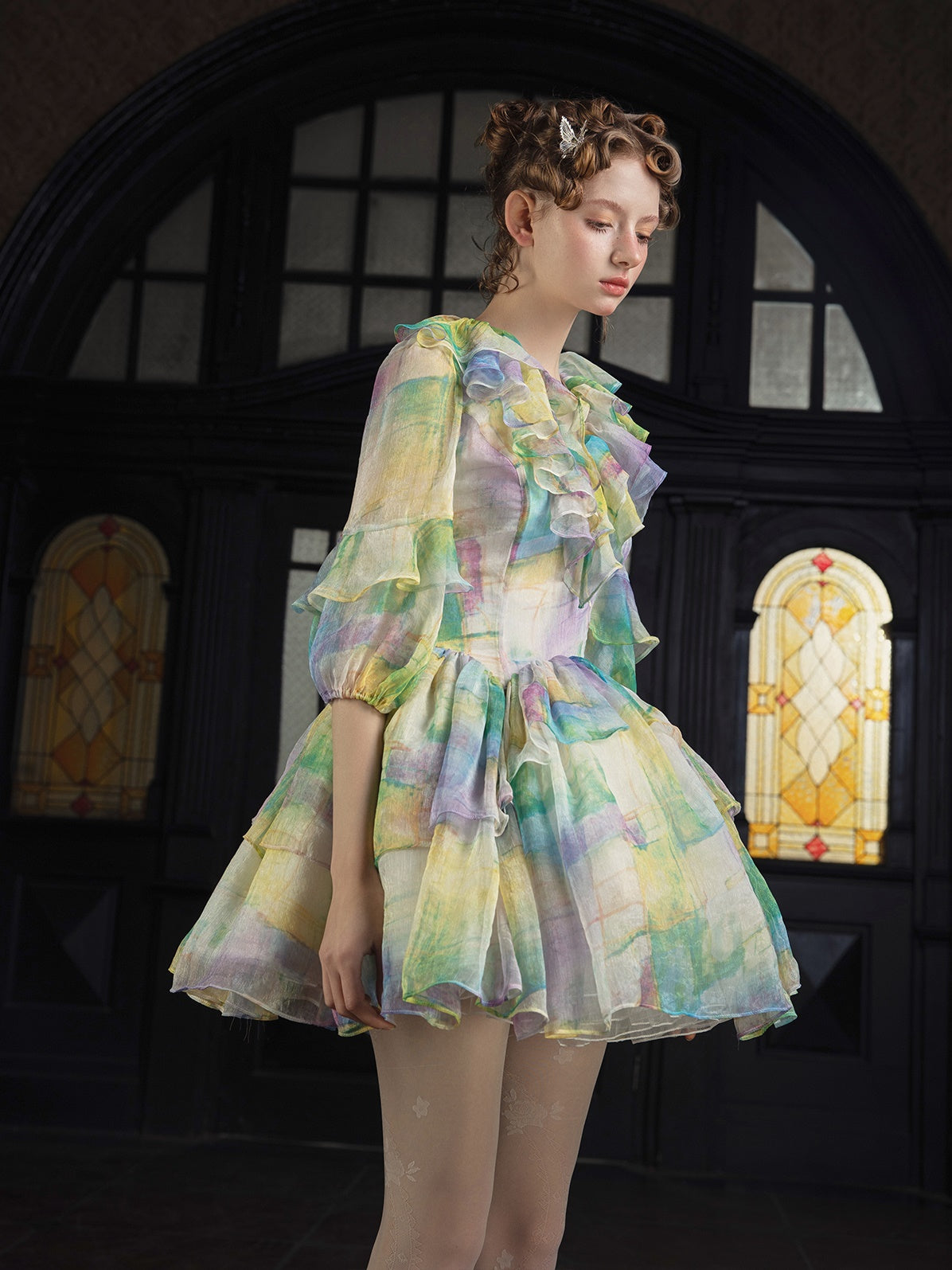 V-neck Frill Short Dress & Pannier