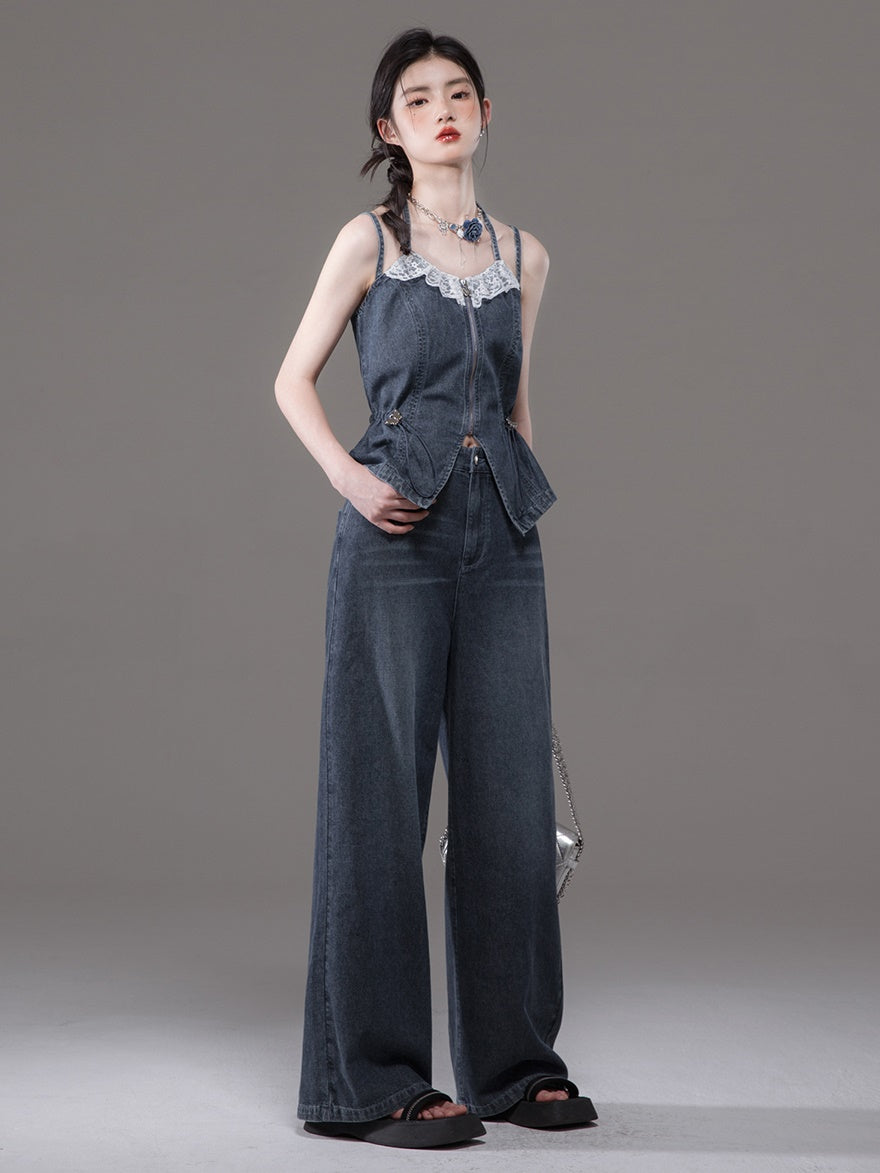 Double Strap Lace Stitch Denim Camisole & Wide-Leg Jeans Set-up