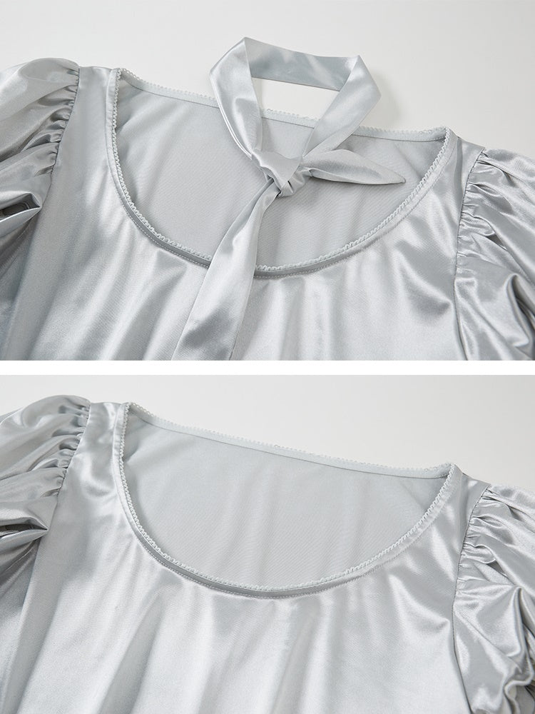 Faltene Bud Sleeve kurzärmeliges Satin-Top