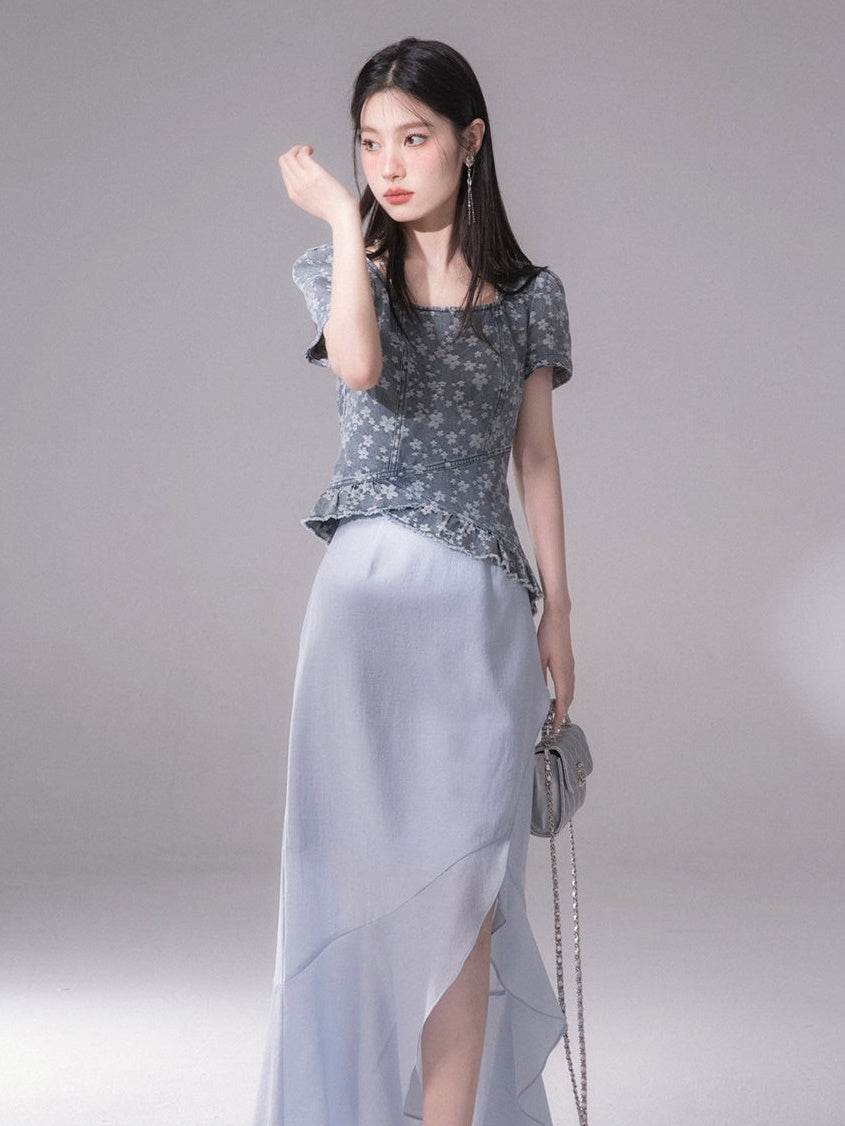 Midsummer Denim Jacquard Short-sleeved Top