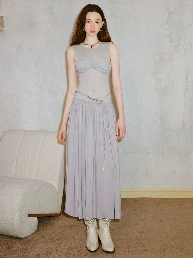 Pleated Draped Sheer Sleeveless Long Dress
