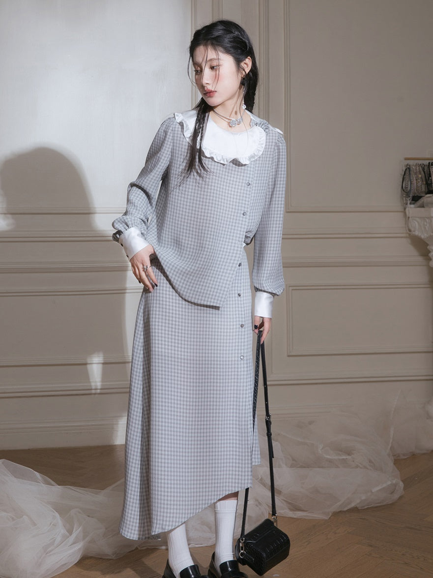 Contrast Color Plaid Shirt & Asymmetry Skirt Set-up