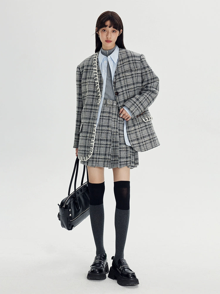 Woven Plaid No-Collar Jacket & Vest & Pleated Skirt