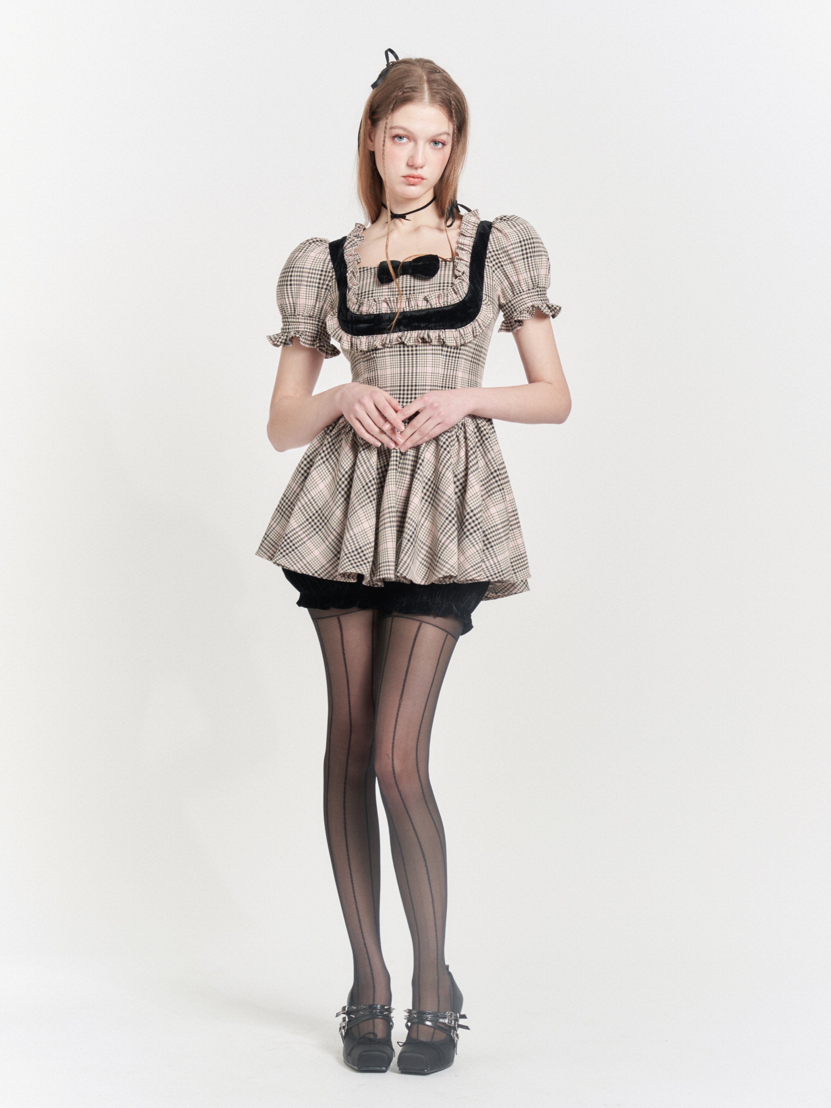 PLAID COLLEGE STYLE LACE SQUARE COLLAR FAKE TWO-PIECE Dress