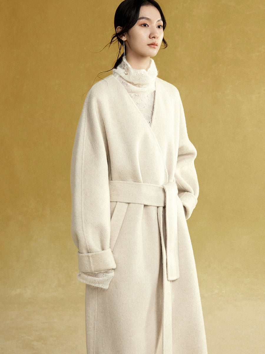 칼라가없는 긴 양면 가운 코트