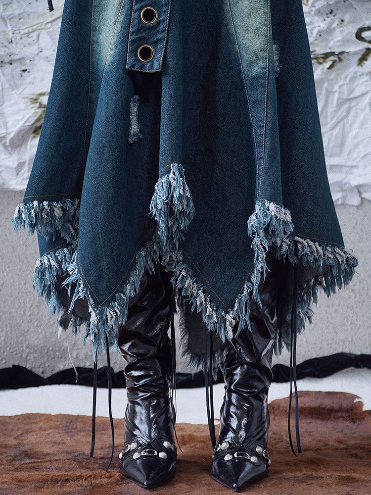 Fringed Irregular Hem Denim Circular Skirt